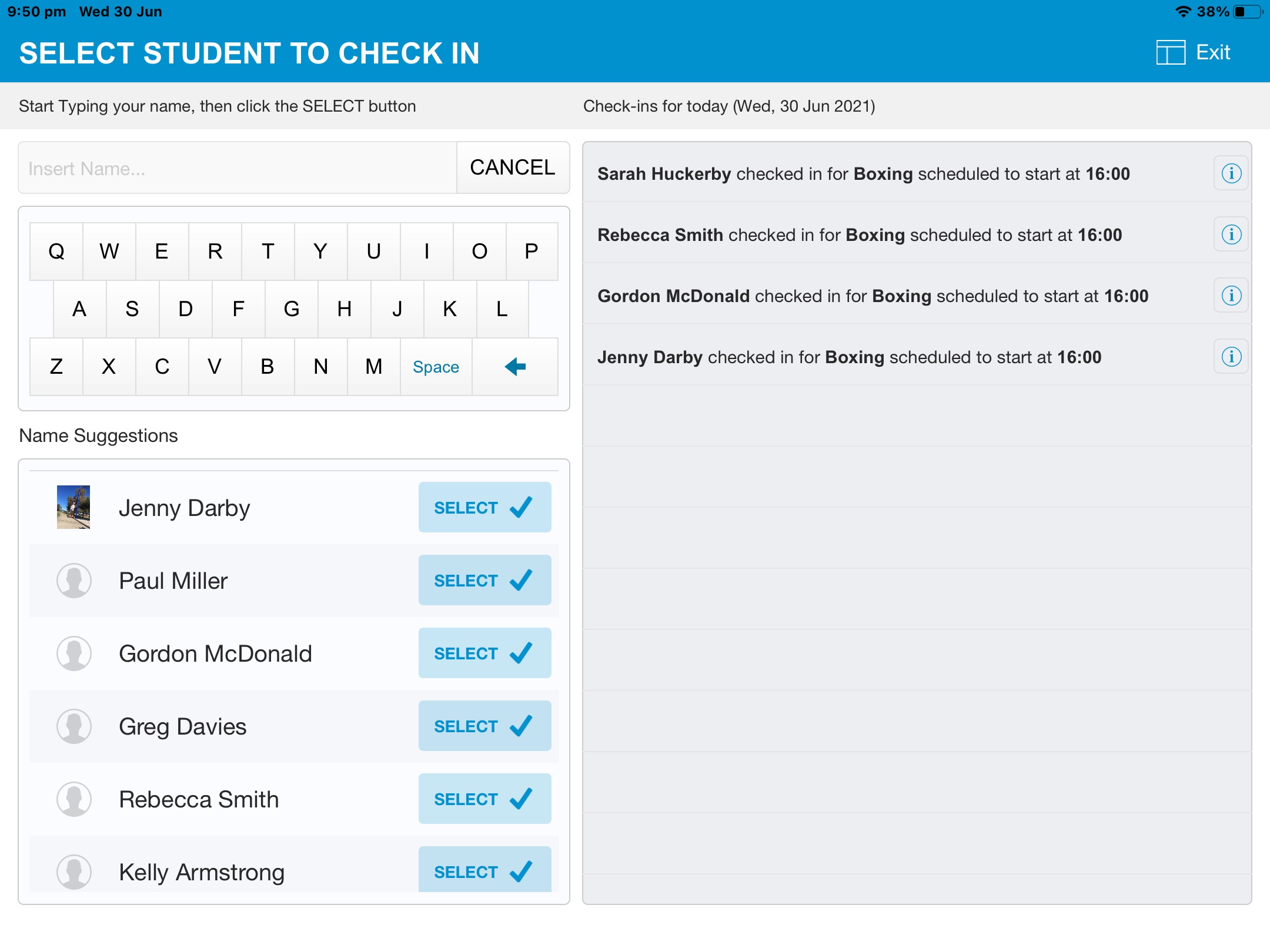 Check-in Student Selection